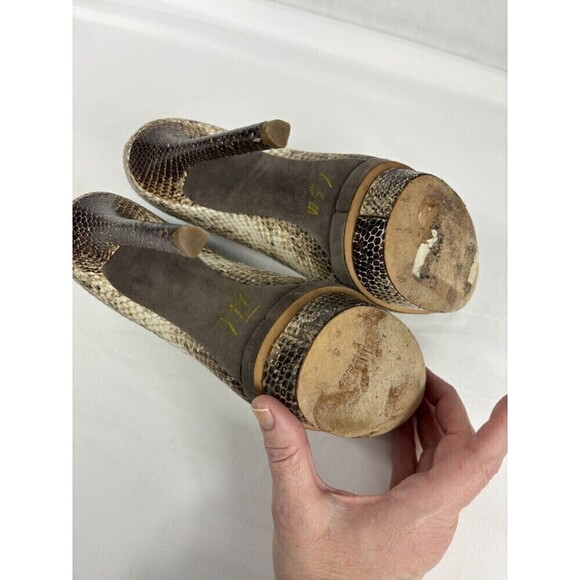 Brian Atwood Florencia Platform Heels Snake Print Brown Tan 8 Open Peep Toe - Picture 6 of 13